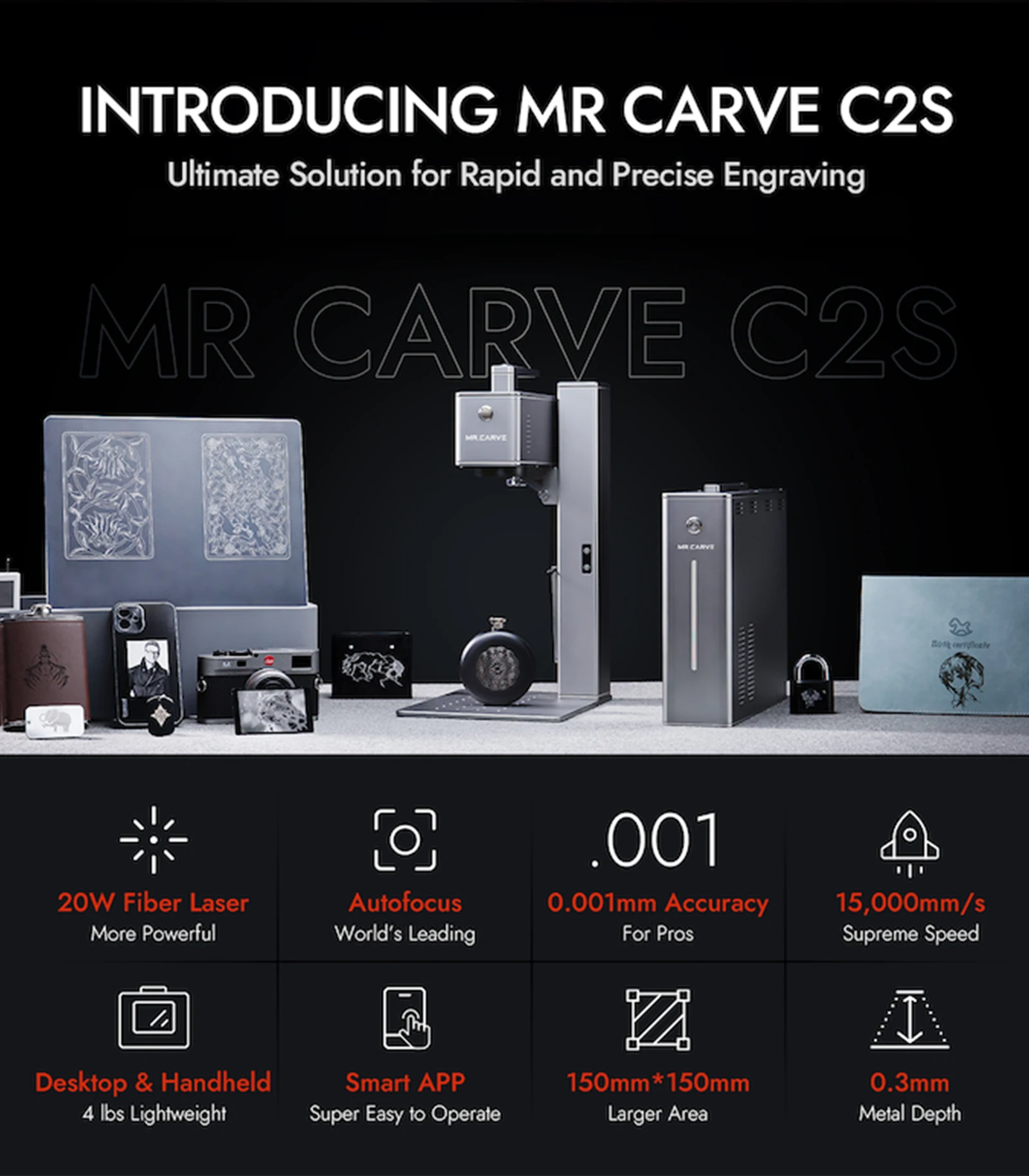 MR.CARVE C2 Fiber Laser Engraving Machine 20W Autofocus Metal Handheld Portable Laser Engraver Marker for Metal Plastic Rubber