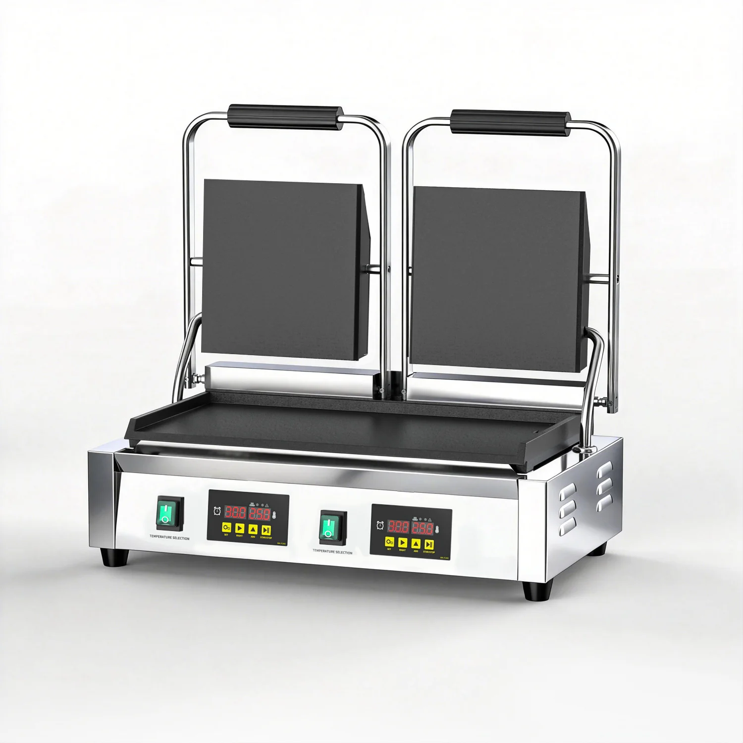 Commercial Digital Display Double Head Grooved Panini Grill Stainless Steel Full Groove Electric Press Grill for Restaurant
