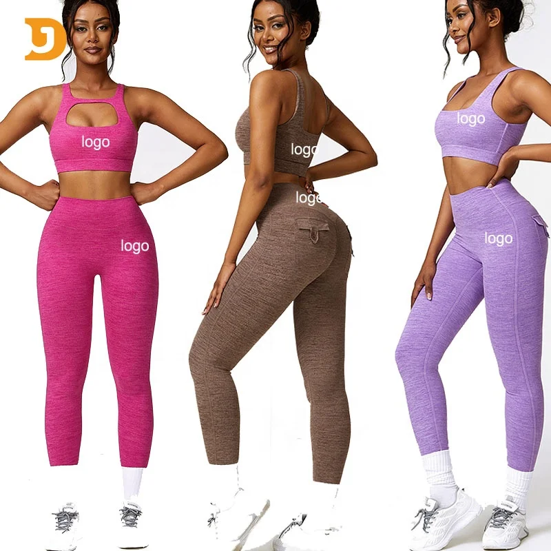 OEM High Waisted Yoga Short Pants Leggings Bra Sets Sportswear For Women Active Wears Gym Fitness Sets Yoga Clothes With Pockets