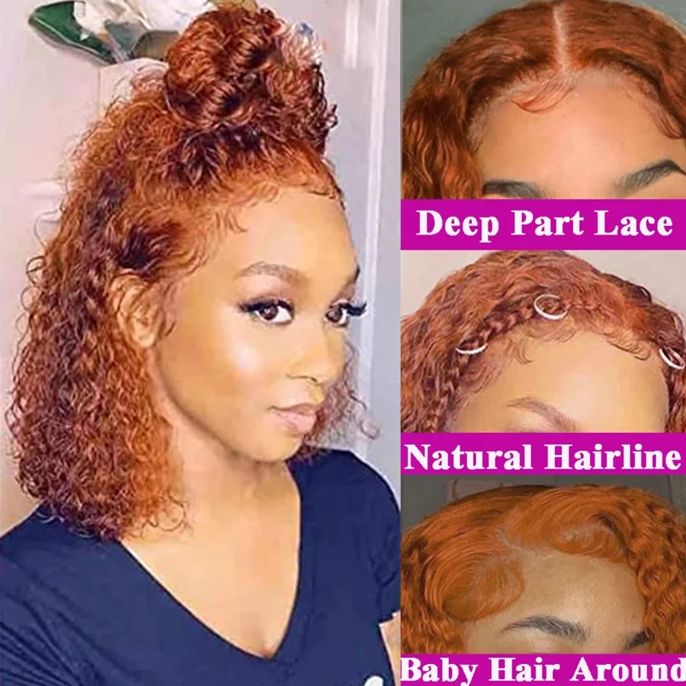 Color Water Wave Ginger Orange Double Drawn Short Bob Raw Wigs Hd Lace Natural 100% Human Hair He Lace Frontal Wig