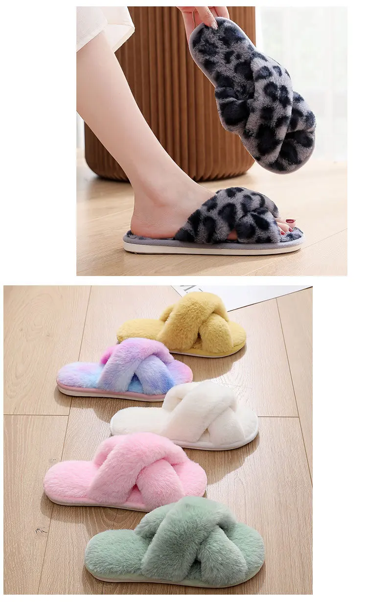 Custom Women Cross Plush Slippers Indoor Warm Cotton Shoes Thick Fluffy Slipper Wholesale