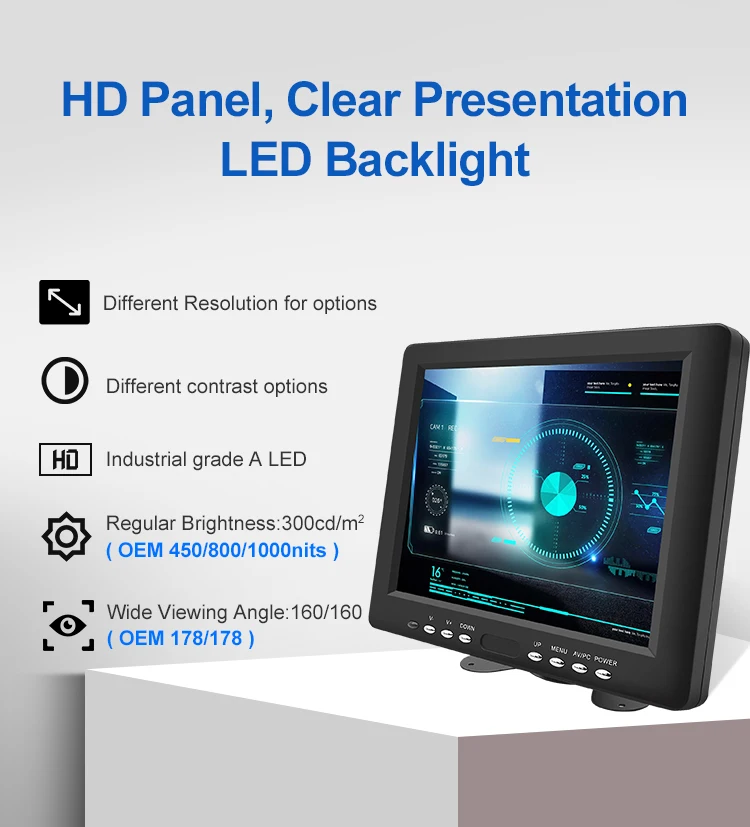 Mini 8 Inch TFT LCD Monitor BNC VGA for Input Desktop Industrial Use 1024x768 Resolution LED Backlit Black Plastic Case