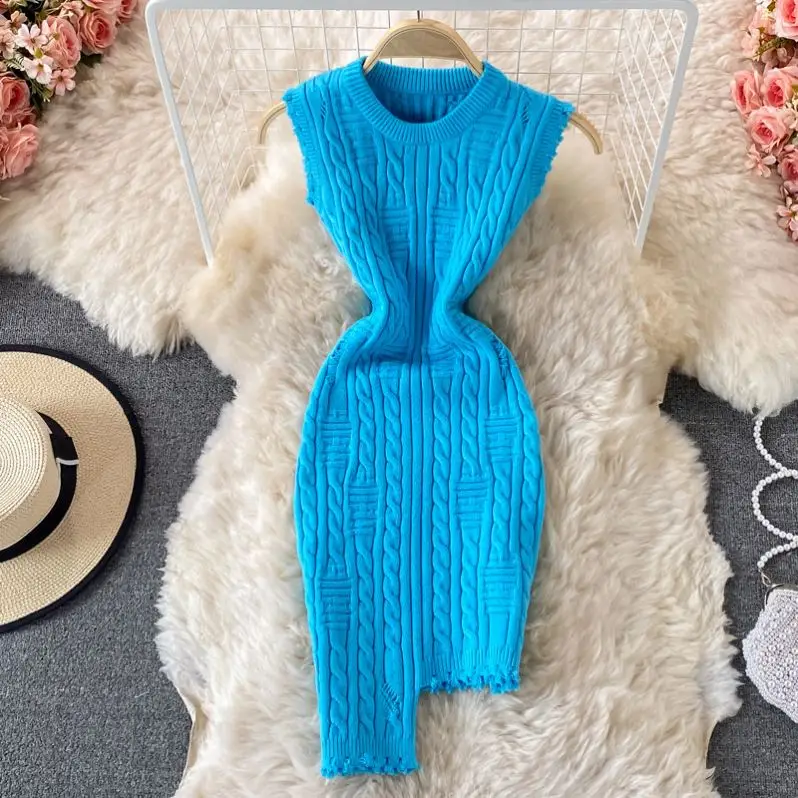 New Arrivals Spring Fall Women Sweater Dresses Wholesale Fashion Solid Color Women Knitted Mini Bodycon Dress Sleeveless