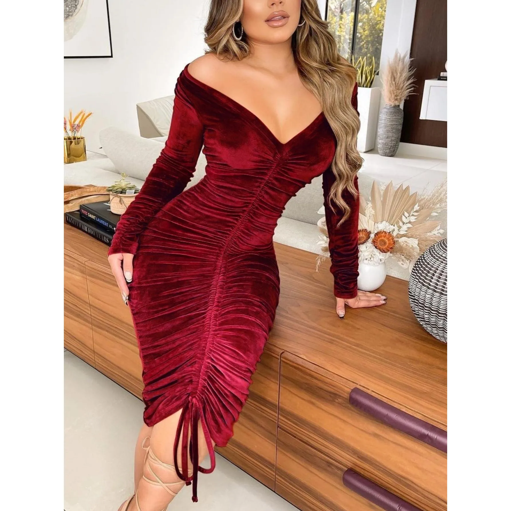 Women's Dresses V Neck Off The Shoulder Velvet Ruched Mid-length Dresses Ha5366f30018945eea7574642b1de73faC