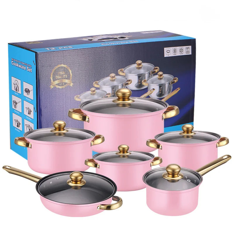 12pcs Kitchen Utensils Cookware Set Non-Stick Soup Pots and Pans with transparent Glass Lid