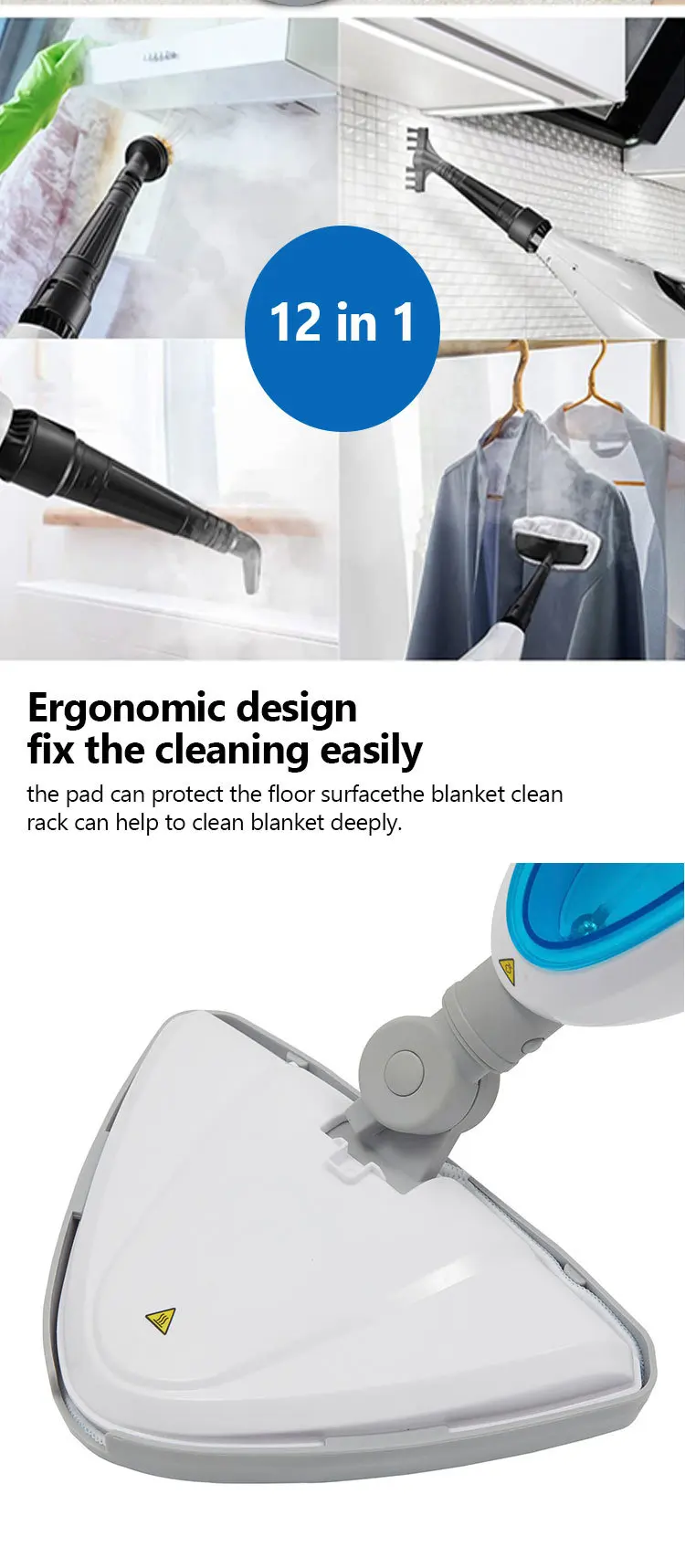 12 In1 Triangle Head Handheld Steam Mop Floor Carpet Steam Cleaner