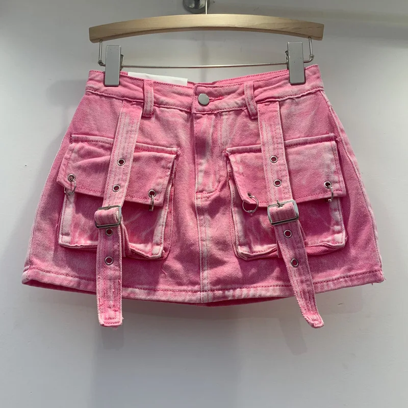 2024 Summer Women Big Pocket Vintage Short Jean Skirt Women's A-line Mini Skirt Streetwear Pocket Cargo Denim Skirt manufacture