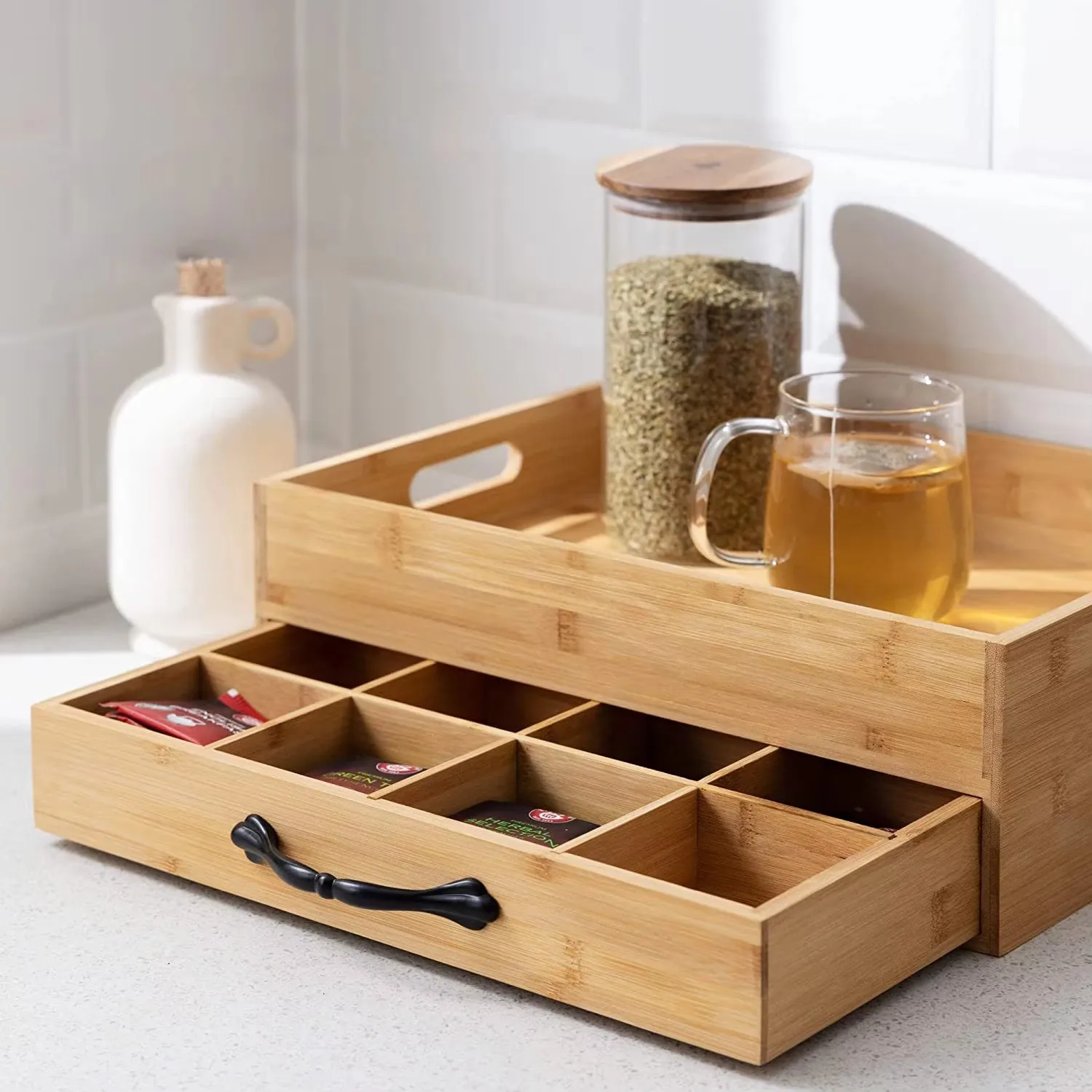 product bamboo lacquer finish rectangle classic coffee station organizer kcup pod holder countertop beverage tea bag storage drawer-7