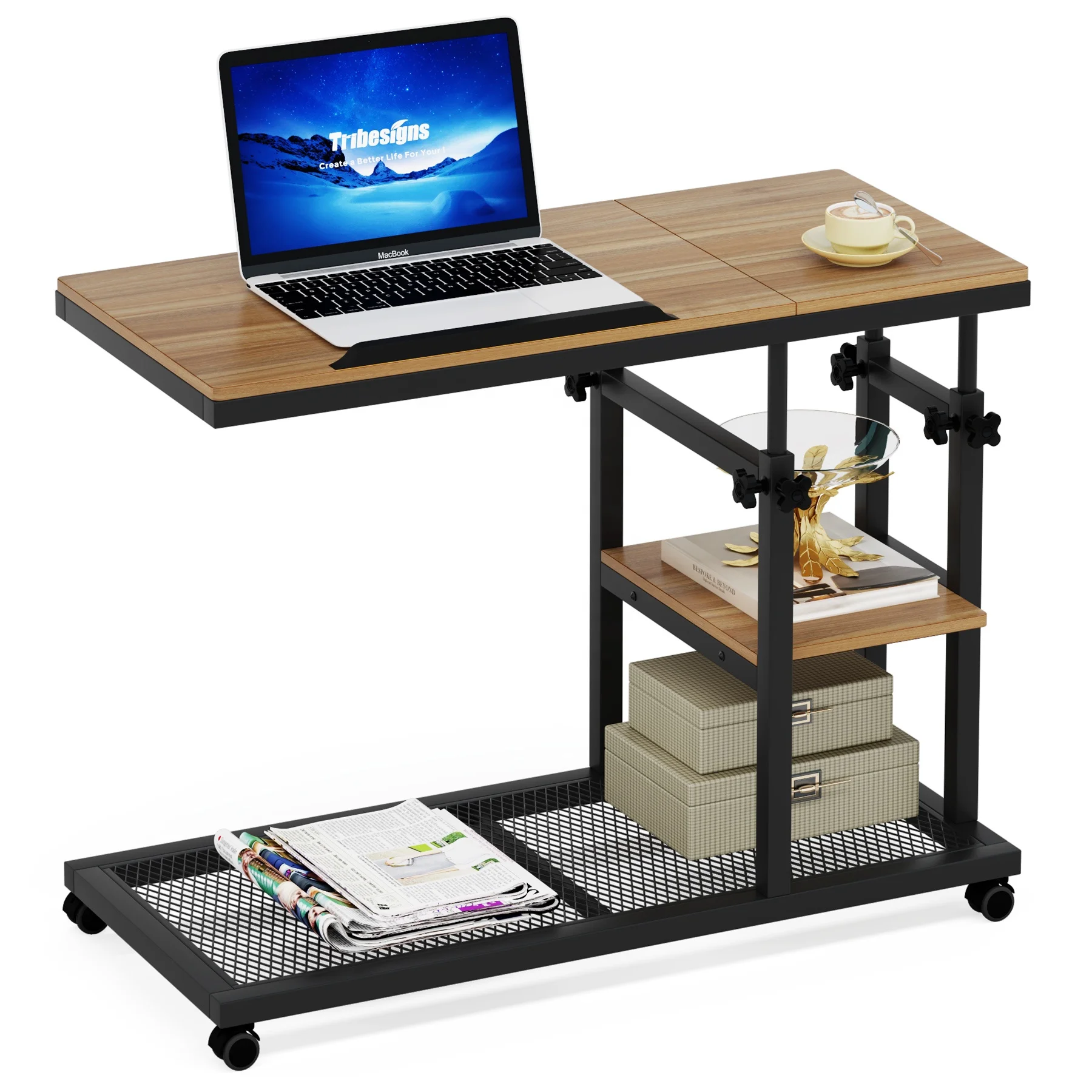 Tribesigns Mobile C Shape Height Adjustable Laptop Computer Table Standing Desk with Lockable Wheels Home Office