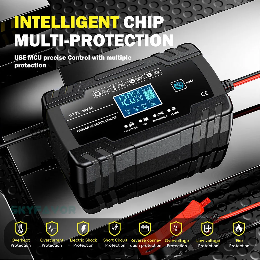 Universal truck car battery charger 12V 24V 8A automatic Maintenance-free gel agm dry wet deepcycle pulse repair battery charger