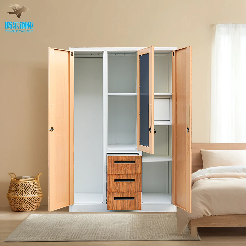 3-Door Steel Mirror Closet Wardrobe Almirah Cabinet Bedroom Furniture for Home Use