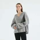 V Neck Sweater 2020 Winter Popular Ladies Long Sleeve V Neck Mohair Yarn Knitted Solid Pullover Sweater