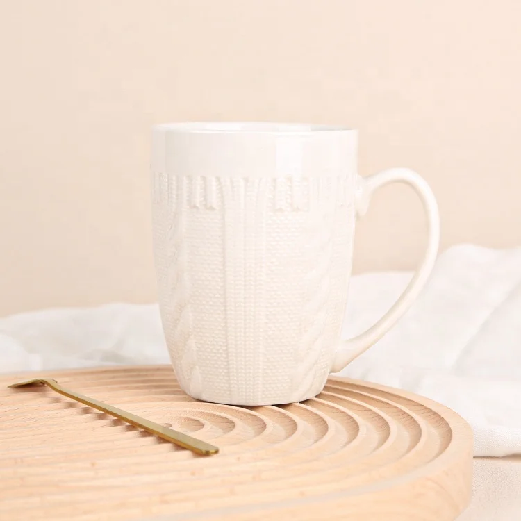 Gloway Fashon 300ml Swedish White Embossed Textured Knit Decor Porcelain Milk Mug Cup Handmade Ceramic Embossed Coffee Mug