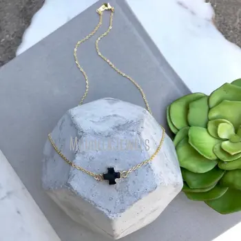 NM20121 Gold Dainty Cross Necklace Gold Filled Black Onyx Pendant X Charm Minimalist Plus Sign Choker Tiny Cross Polished Agate