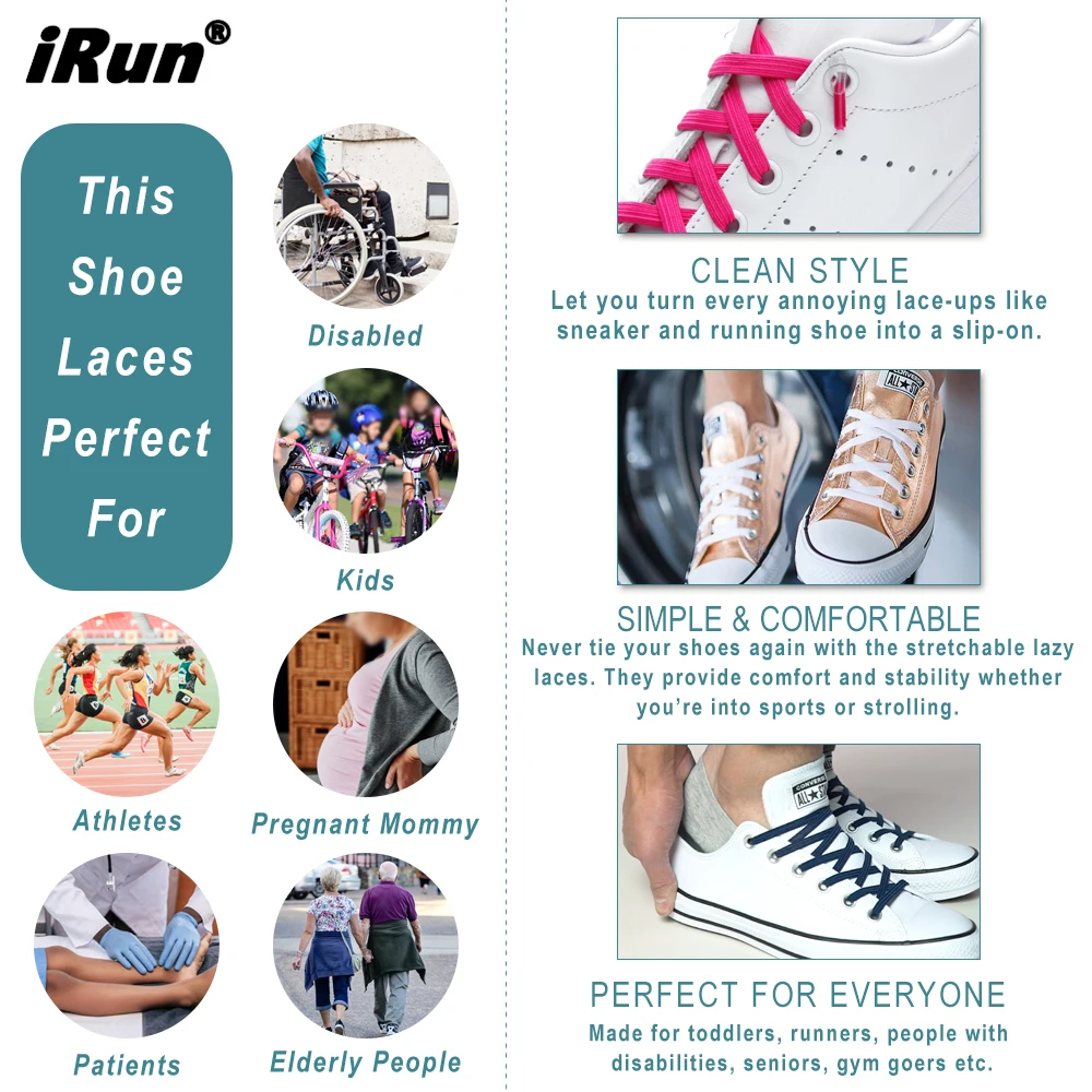 iRun Fitness Sports Flat Stretch Shoelaces No Tie Elastic Shoe Laces for Sneakers for Kids and Adult Shoes