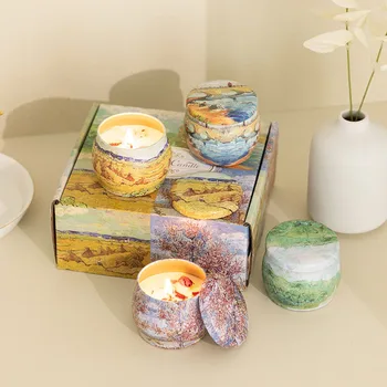 Luxury dried flower decoration soy wax scented candle aromatherapy gift home fragrance painting tin can jar scented candle set