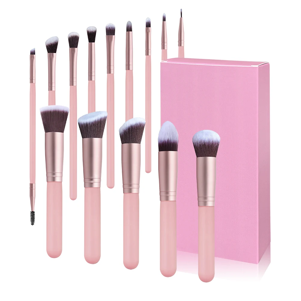 B14007d Cute Pink Makeup Brushes 14pcs Vegan Synthetic Hair Foundation