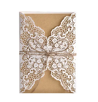 Cheap Wedding Invitations Card Laser Cut with Envelope and Ribbon Bow