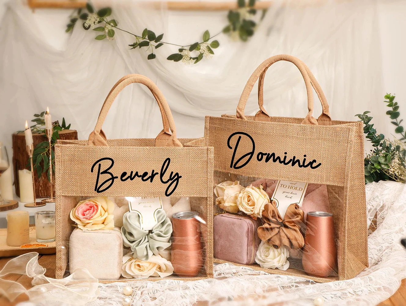 Wholesale Custom Printed Logo Portable Wedding Gift Tote Bags Hessian Linen Jute with Cotton Rope Handle and Transparent Window manufacture
