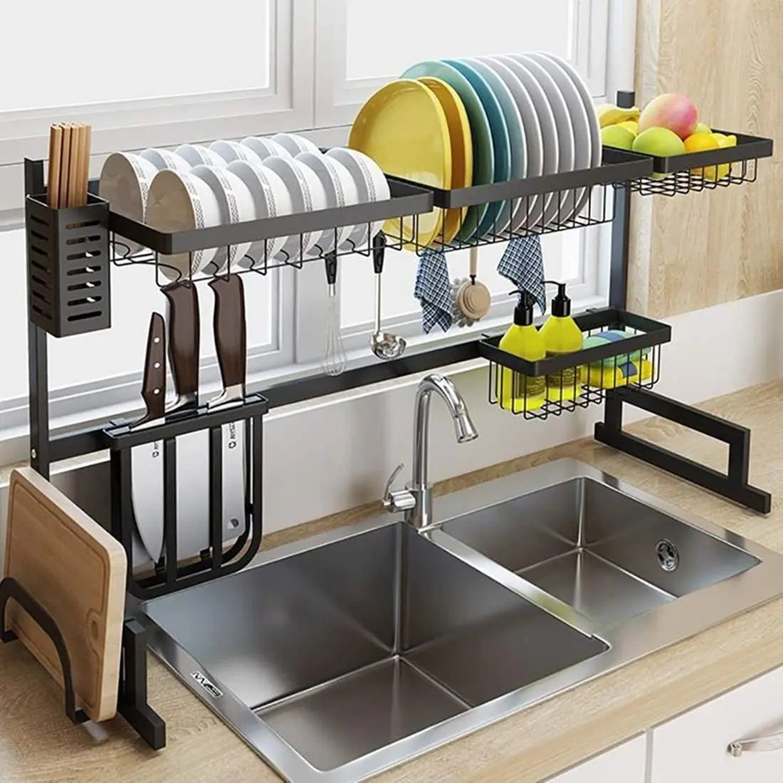 Over Sink Dish Drying Rack 2-Tier Stainless Steel Cutlery Drainer Kitchen Shelf