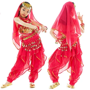 Children Girl Turkish Belly Dance costumes Shinny Red Top Pants and Veil Set