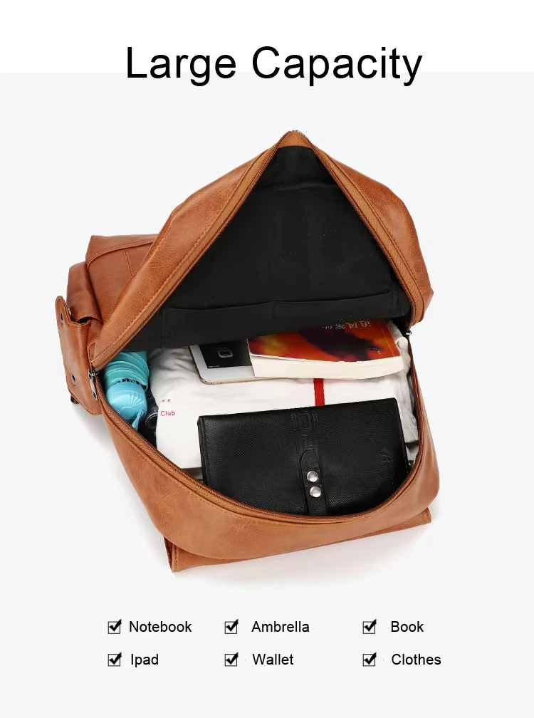 Multi Pockets Waterproof PU Leather Backpack Vintage Campus Bag S-shape Back Design Softback