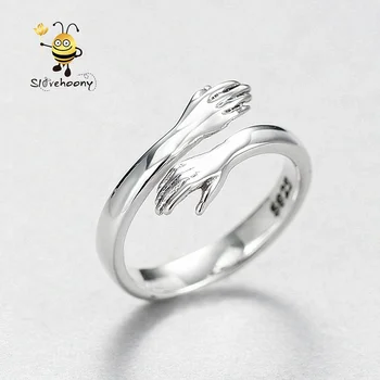 Slovehoony 925 Silver Jewelry Fashion Rings Woman Two Hand Hug Rings For Woman Ladies Jewelry
