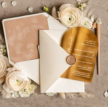 Luxury Gold Mirror Wedding Invitation Acrylic Card White Ink Printing invitations with Velvet Envelope and Wedding Details Card