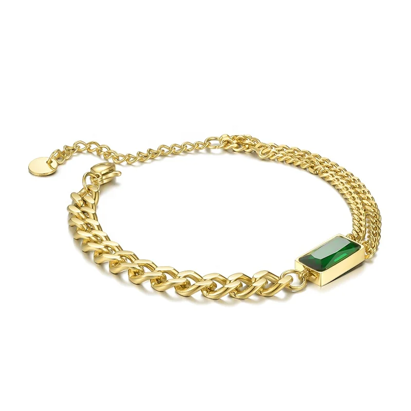 18K Gold Plated Stainless Steel Chain Rectangle Zircon Green Stone Accessories Bracelets B202182