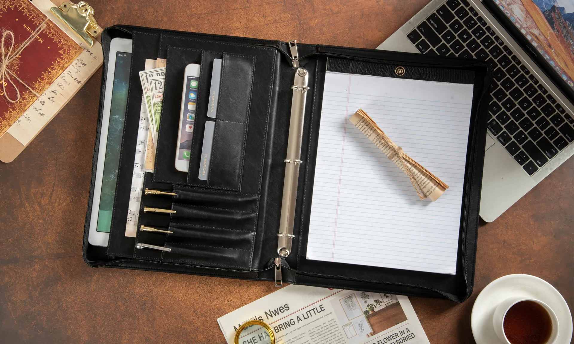 Leather Portfolio Binder Custom Multi-Functional Business Padfolio Folder with 3 Ring binder