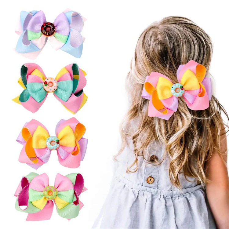 Newest Style Sweet Bowknot Hair Clips Handmade Rainbow Donuts Bows Hairpin Hair Grips For Children
