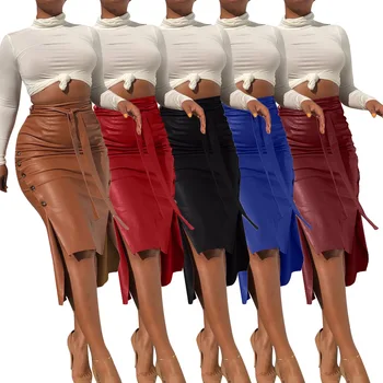 Wholesale Women Solid Brown Elegant Split Hem Front Skirt Office Lady PU Leather Skirts
