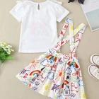 Summer Suit Girls Clothes Kids Summer Suit Short Sleeve Rainbow Top+Cartoon Print Suspender Skirt 2pcs Baby Girls Clothes Sets