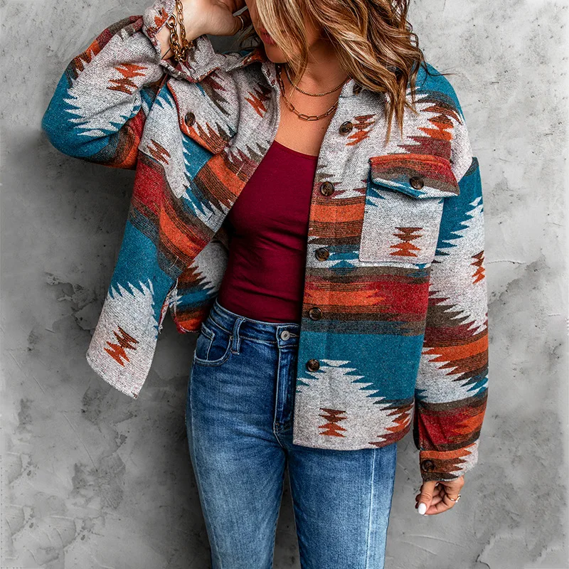 2022 Fall Winter Jacket Aztec Print Women Long Sleeve Aztec Shacket with Two Peach Pocket Button Up Flannel Coat