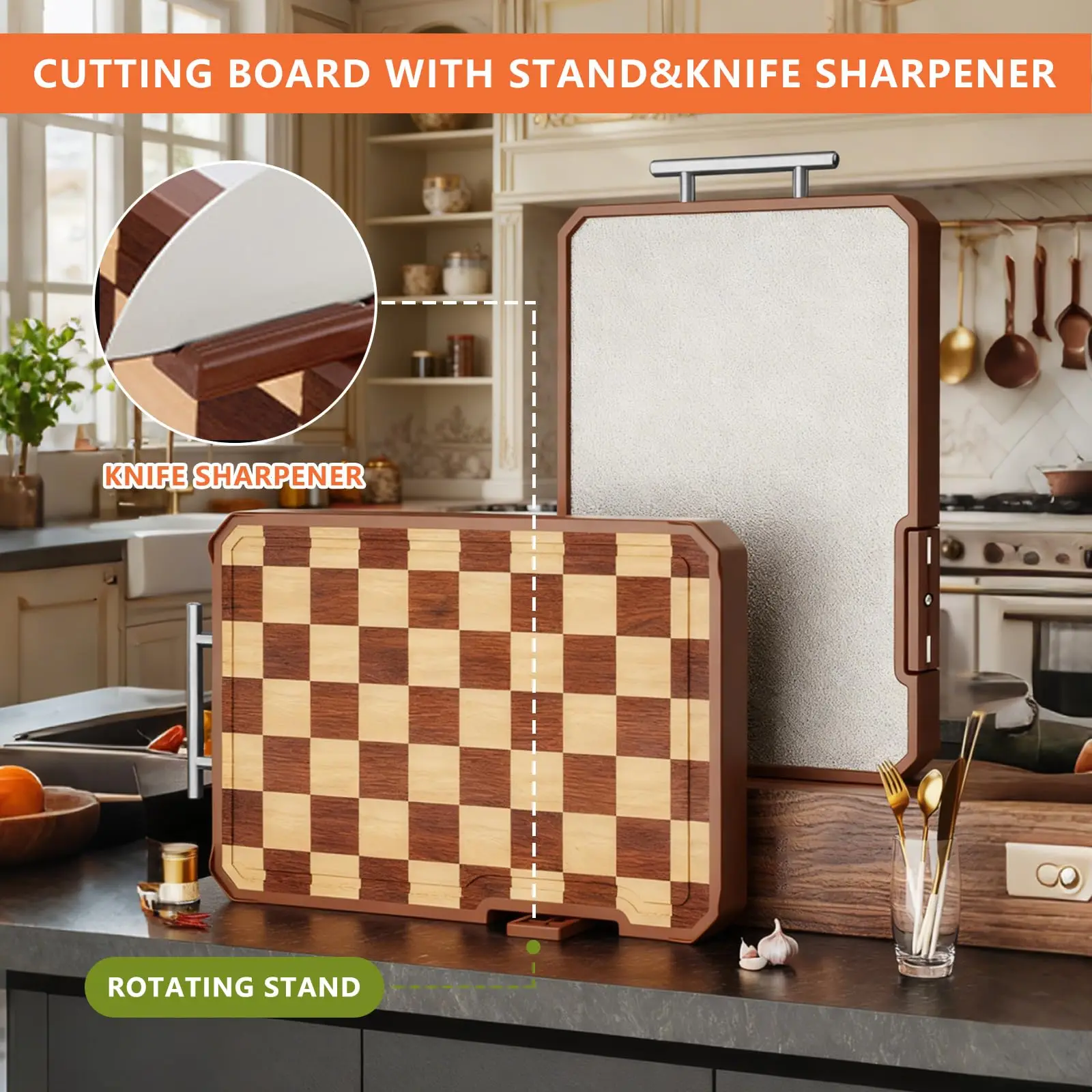 product custom wood cutting board with stand sharpener handle reversible grid pattern kitchen chopping block-4