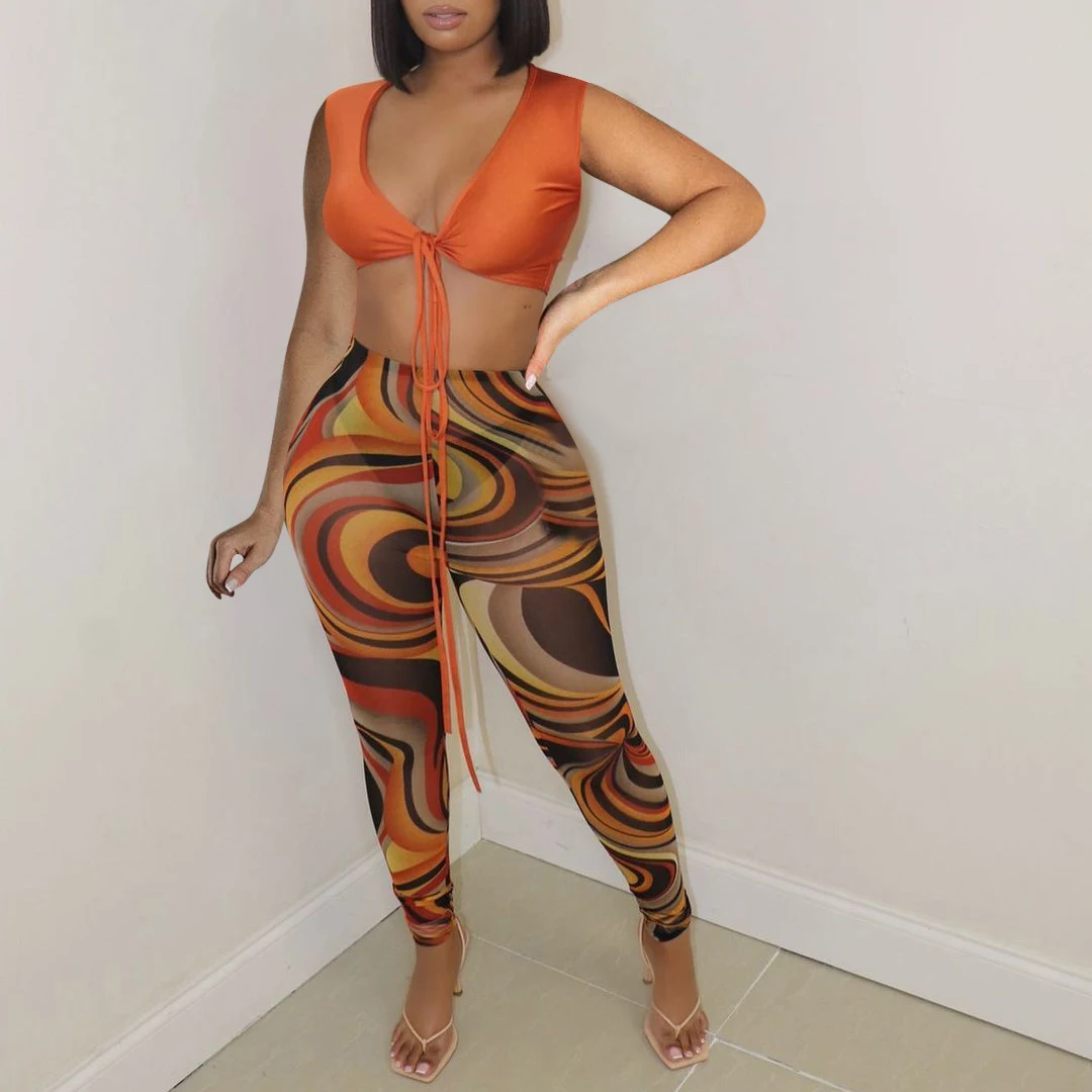 Two Piece Print Mesh Leggings Y2k Sets 