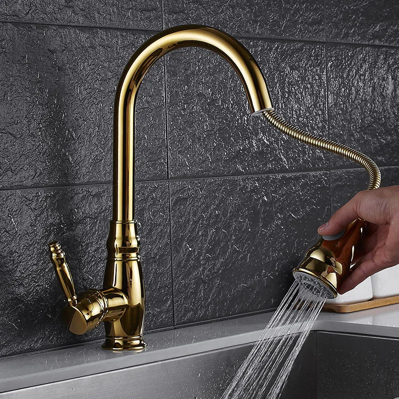 Geestig koppel Rijden Vertical Luxe Pull Out Spray Spout Sink Mixer Tap Gold Kitchen Faucet Grifo  - Buy Gold Kitchen Faucet,2 Way Utility Lux Tap Ware Gold Farmhouse Single  Handle Kitchen Faucet Gold,Brass Gold Hole
