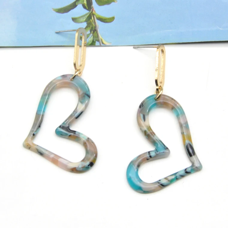 Asian Korea style small gold brass and acetate heart dangle earrings