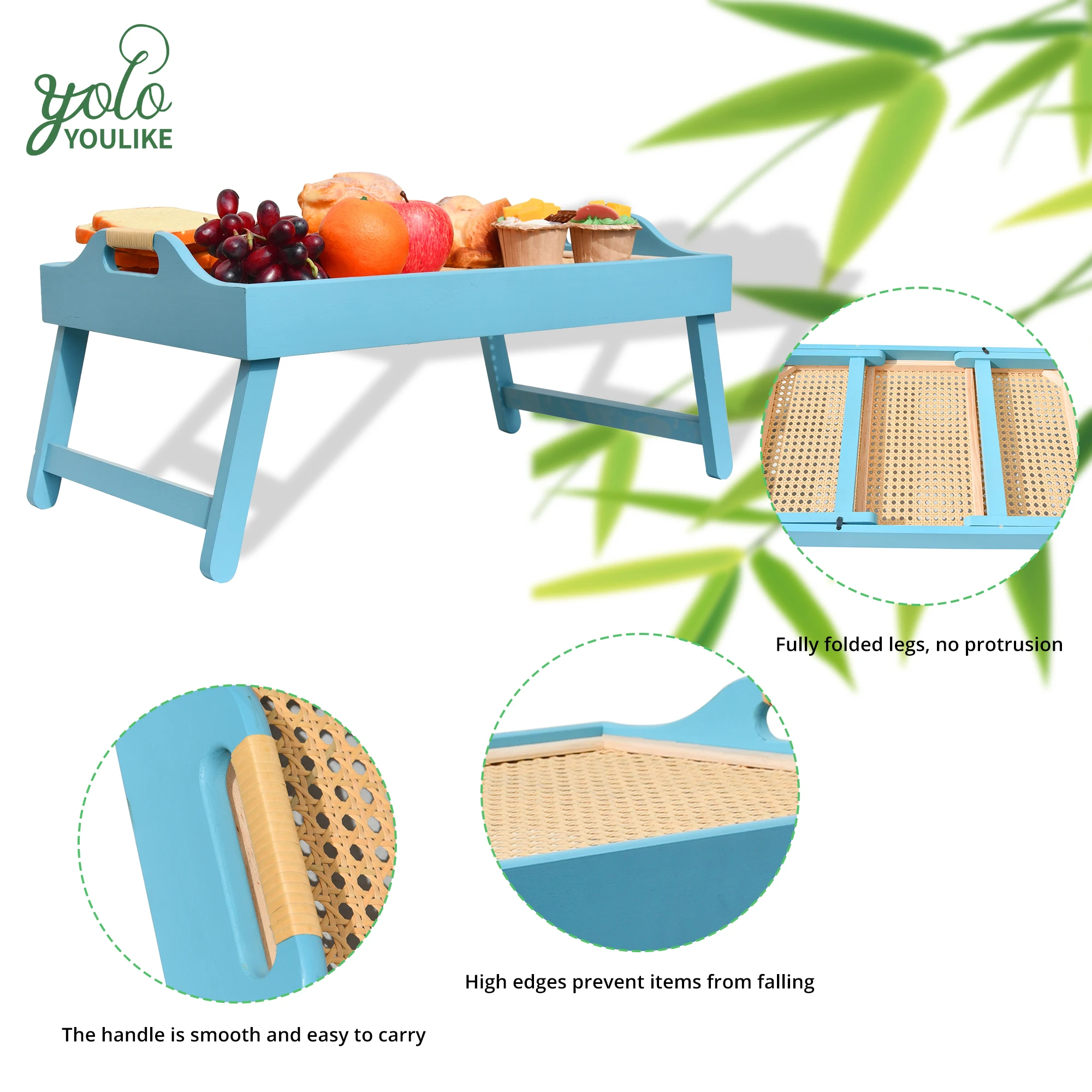 Youlike Blue Wooden Breakfast In Bed Tray, Bamboo Bed Table And Bed Tray With Legs,Traditional Bed Style Trays