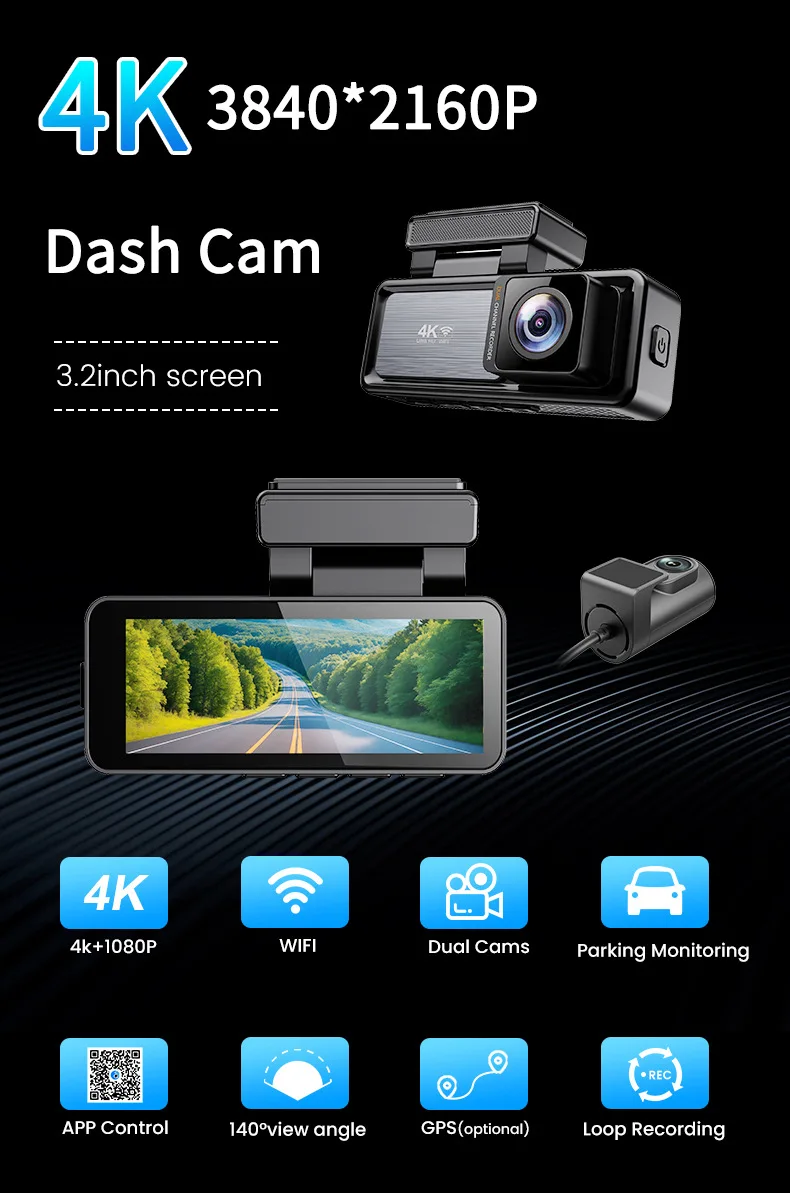 Manufacturer MINI Dual Lens Wifi Gps Dash Camera Front and Inside Car Black Box Dual 4k Dashcam Car Dvr Car Camera 4k Dash Cam