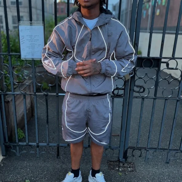 Custom Men's Sportswear Waterproof Reflective Zip up Polyester Nylon Windbreaker Track Jacket and Shorts Set Tracksuit manufacture