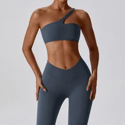 Custom Athletic Wear Women Yoga Set One Shoulder Sports Bra Active Wear V Waist Leggings Women Workout Set Gym Fitness Sets