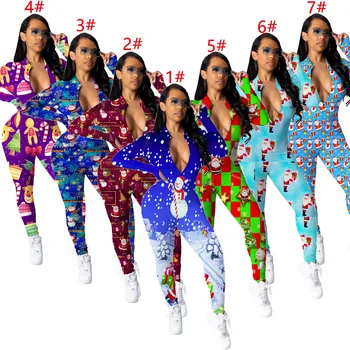Amazon hot sale womens one piece jumpsuit Christmas printing long sleeve onesie zipped v neck pajama rompers for women