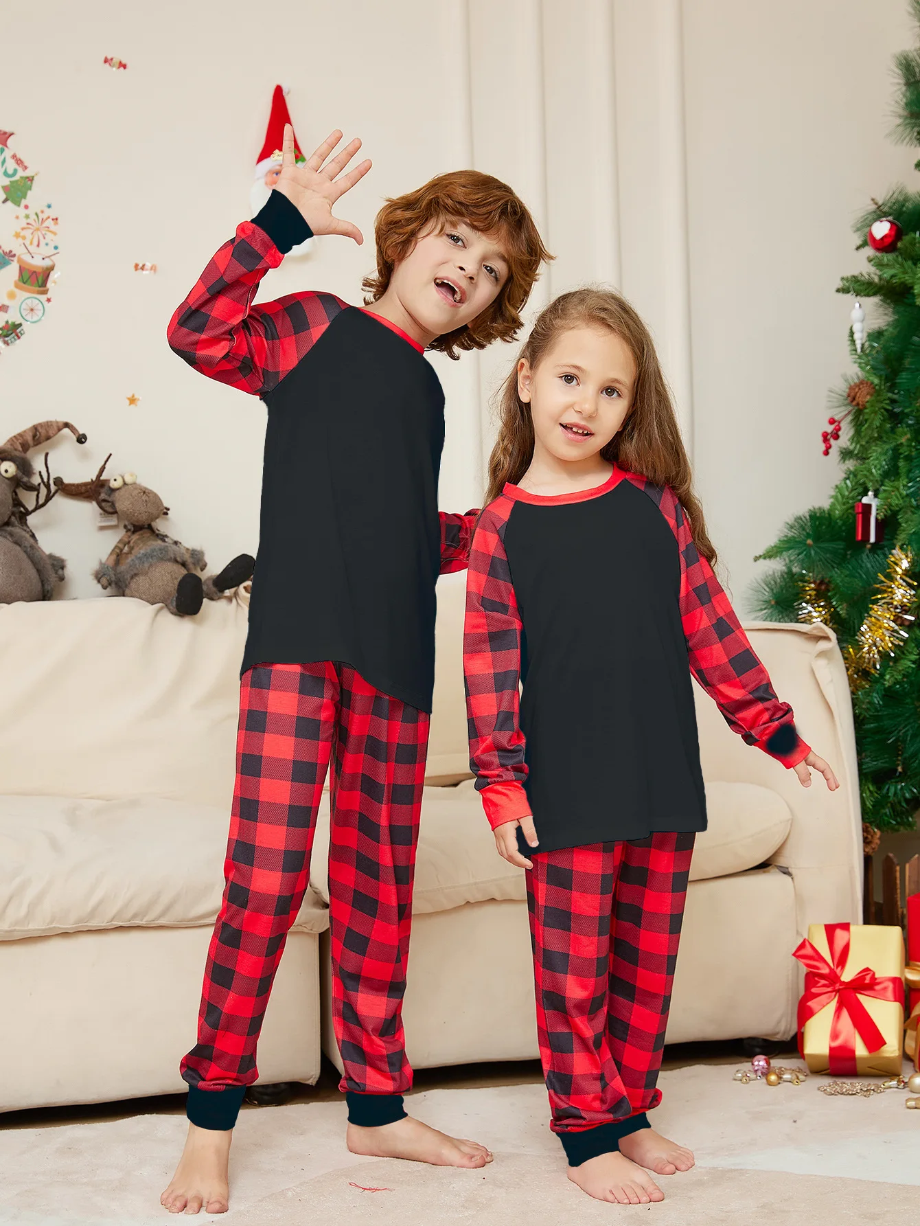 Wholesale Christmas Clothes Baby And Children'S Checker Printing Set Parent-Child Solid Color Home Clothing Pajamas Jumpsuits