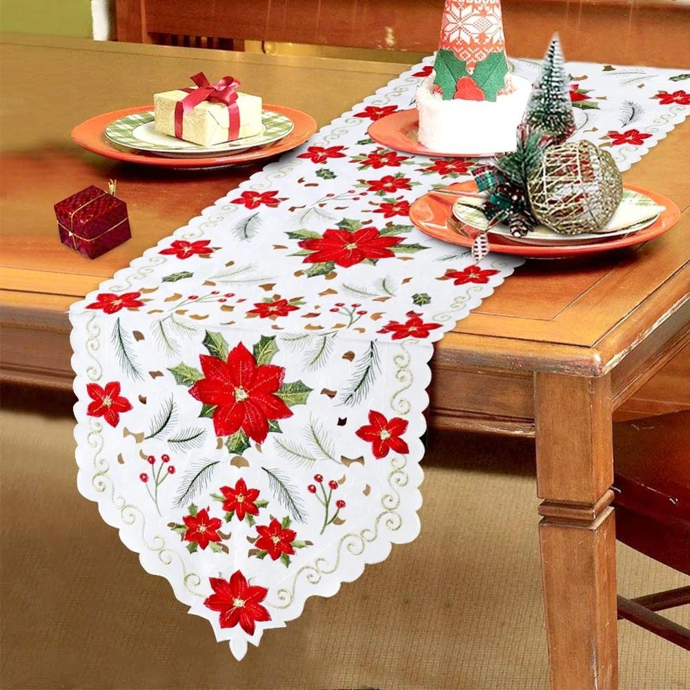 Embroiderd Christmas Poinsettia Table Runner Party Wedding Tablecloth Home Decor 