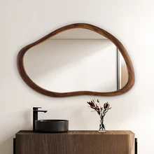 Irregular walnut color wood frame decorative wall mirror home decor modern hotel bathroom cabinet framed mirror for makeup