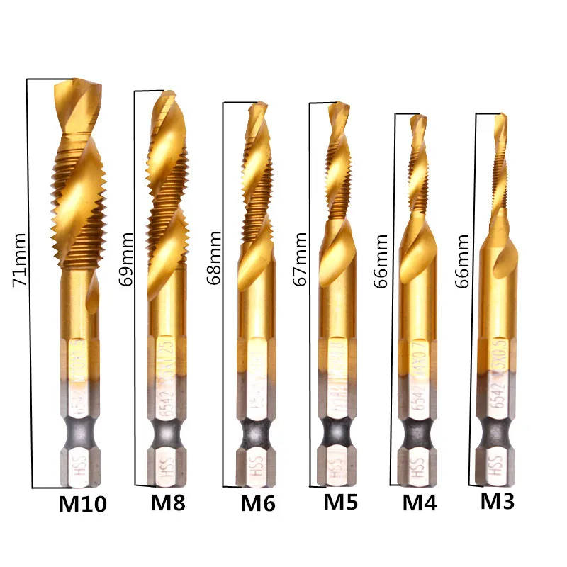 6Pcs M3-M10 Drill Sprial Tap Bit Set HSS Titanium 1/4'' Hex Shank Thread Cutter 