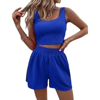 Guangzhou Auyan High Quality Summer Girl Style Fresh Sweet Women's Knitted Sleeveless Fashion Casual Solid Color Suit