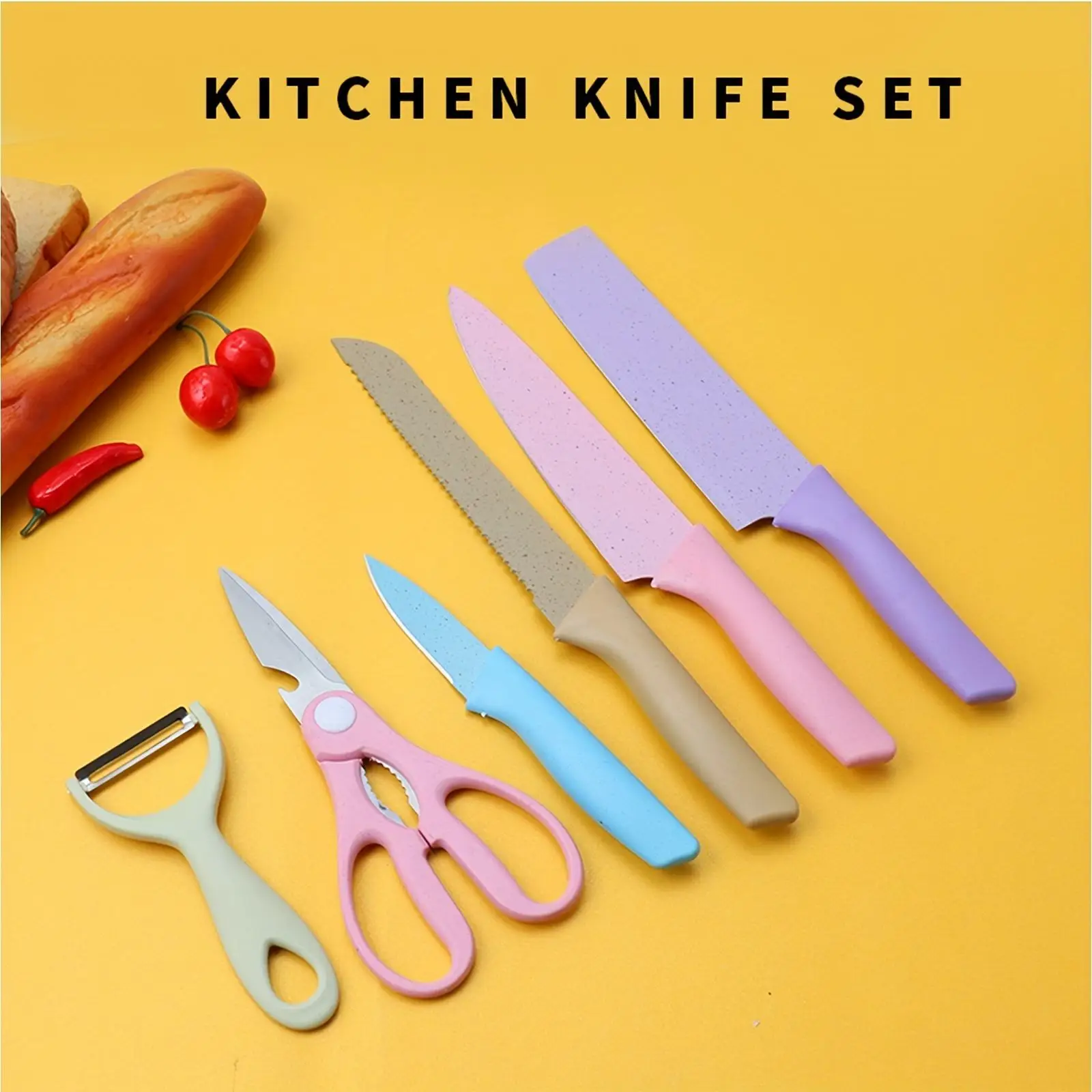 Wholesale Kitchen Accessories Cooking Sets Knives Set 6pcs Kit Wheat Straw Knife Scissor Peeler Kitchen Knife set