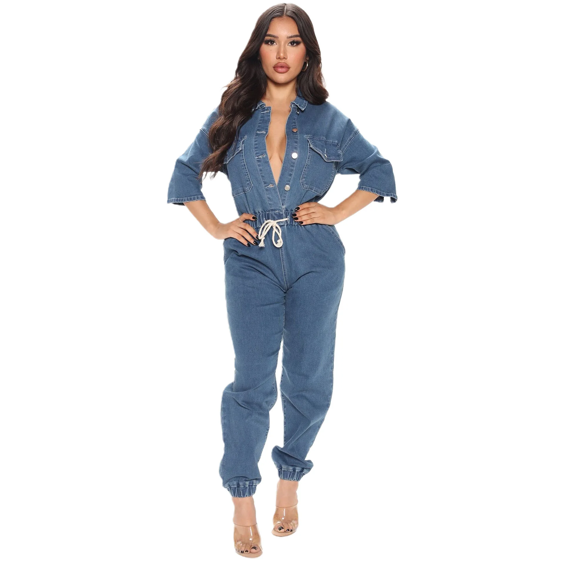 Hot Sale Plus Size Loose Jeans Rompers Casual Style One Piece Jumpsuit for Women Autumn Denim Outfits Wholesale Clothing manufacture